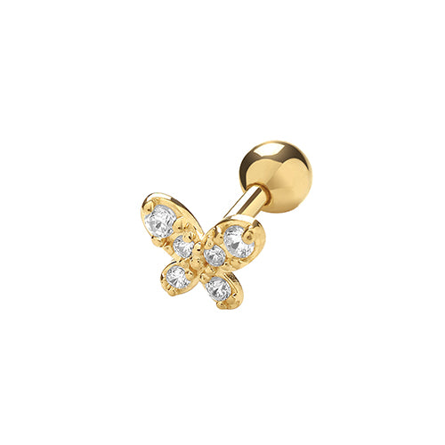 This product is a nine carat yellow gold butterfly stud earring with cubic zirconia stones, measuring six millimeters and featuring a butterfly fastening.